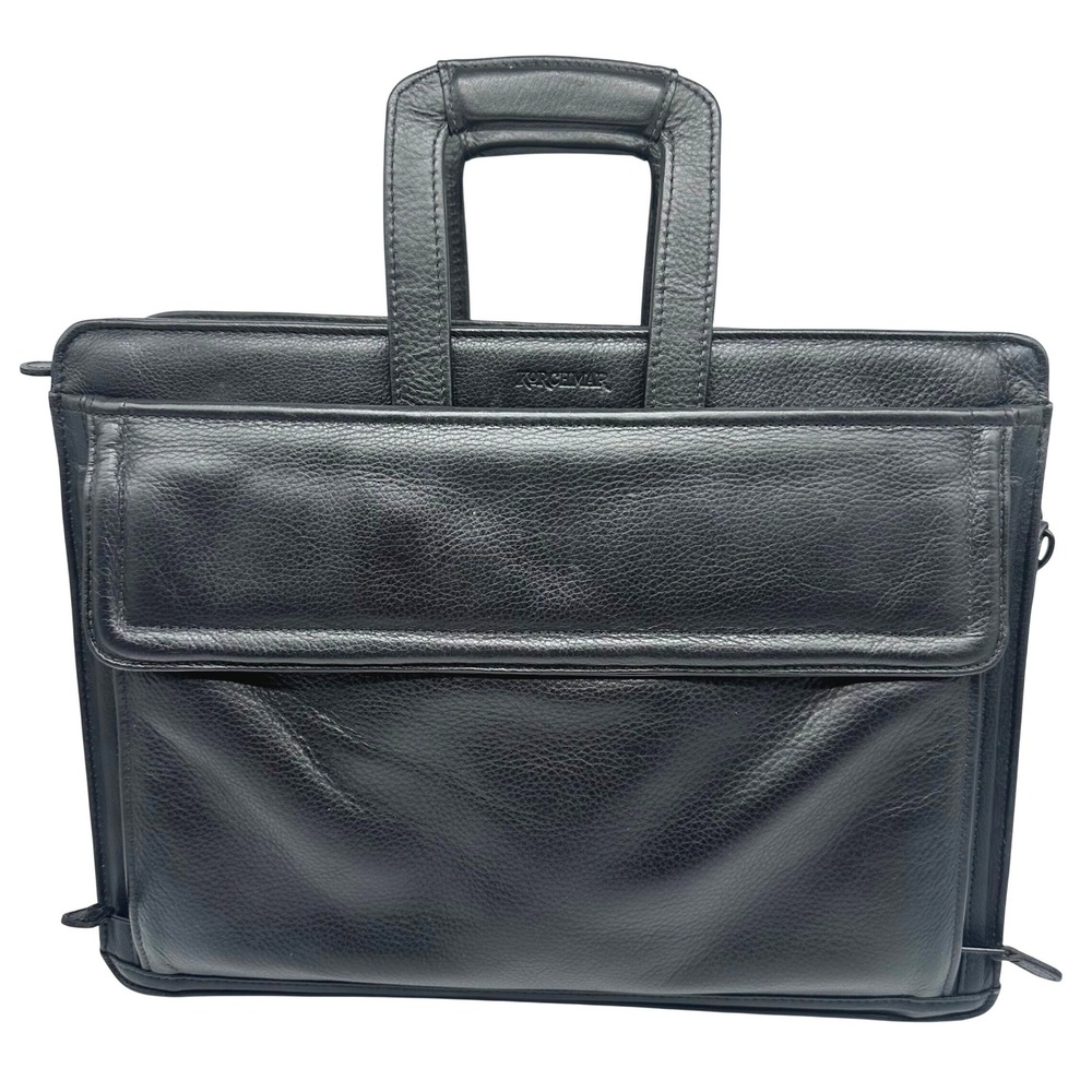 Vintage Korchmar Black Pebbled Leather Briefcase Retractable Handle Laptop Bag